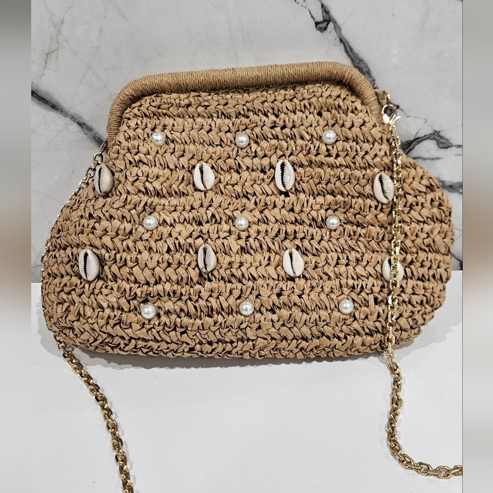 Embellished Beaded Shells and Faux Pearls Straw Frame Clutch Natural Handbag - Picture 2 of 9